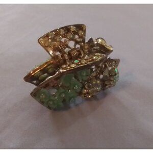 Vintage Gold Tone & Green Rhinestone Floral Hair Clip